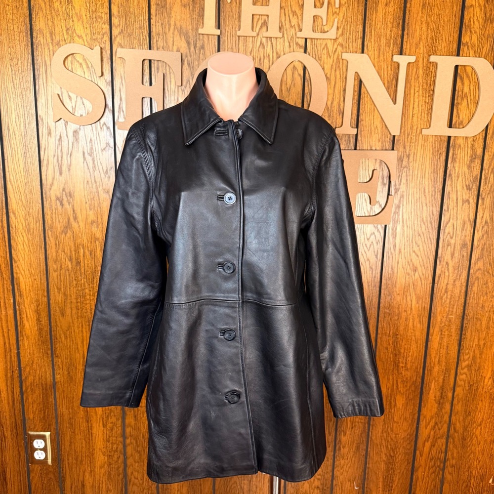 JLC New York Leather Jacket Women M Black Button Up Mid Length Car Coat Classic